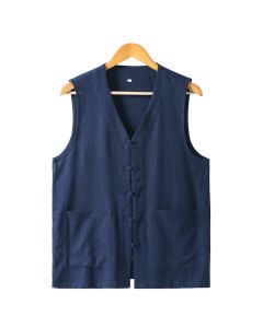 Buddha Stones Summer Tang Style Casual Frog Button Solid V-Neck Tank Top Men's Sleeveless Shirts With Pockets - Navy / US/UK/AU36, EU46 (L)