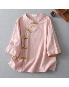 Buddha Stones Summer Tang Style Casual Frog Button Solid Women's Elbow-Length Sleeve Shirts - White / US8-10, UK/AU12-14, EU40-42 (2XL)