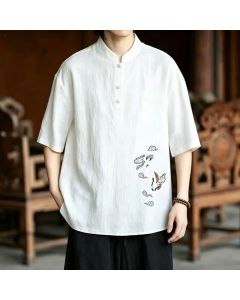 Buddha Stones Summer Tang Style Casual Mandarin Collar Embroidery Crane Men's Short Sleeve Shirts - White / US/UK/AU36, EU46 (L)