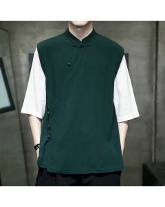 Buddha Stones Summer Tang Style Casual Mandarin Collar Frog Button Solid Tank Top Men's Short Sleeve Shirts - Teal / US/UK/AU36, EU46 (L)