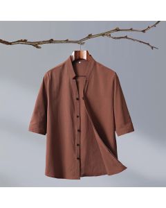 Buddha Stones Summer Tang Style Mandarin Collar Button-Up Solid Cotton Men's Short Sleeve Shirts - Black / US/UK/AU40, EU50 (2XL)