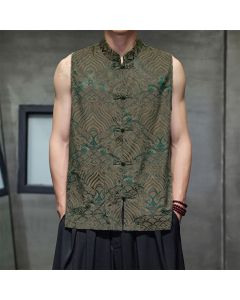 Buddha Stones Summer Tang Style Mandarin Collar Frog Button Abstract Ocean Waves Tank Top Men's Sleeveless Shirts With Pocket - Olive / US/UK/AU36, EU46 (L)