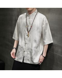 Buddha Stones Summer Tang Style Mandarin Collar Frog Button Dragon Pattern Men's Short Sleeve Shirts With Pocket - White / US/UK/AU36, EU46 (L)