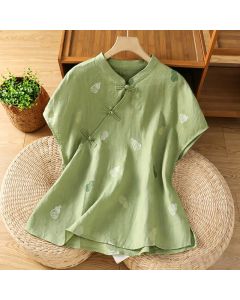 Buddha Stones Summer Tang Style Mandarin Collar Frog Button Gourd Embroidery Women's Short Sleeve Shirts - Linen / US12, UK/AU16, EU44 (2XL)