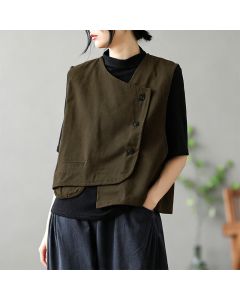 Buddha Stones Summer Tang Style Minimalist Button-Up Solid Tank Top Women's Sleeveless Shirts With Pocket - DarkKhaki / US6, UK/AU10, EU38 (M)