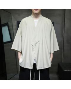 Buddha Stones Summer Tang Style Minimalist Drawstring Bamboo Solid Three-Quarter Sleeve Men's Kimono - Beige / US/UK/AU36, EU46 (L)