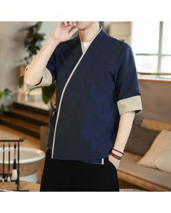 Buddha Stones Summer Tang Style Minimalist Drawstring V-Neck Solid Three-Quarter Sleeve Men's Kimono - Navy / US/UK/AU36, EU46 (L)