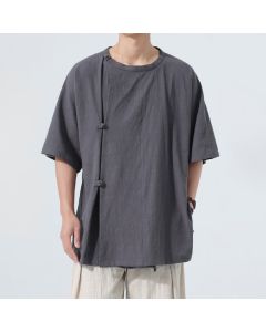 Buddha Stones Summer Tang Style Minimalist Frog Button Solid Cotton Men's Short Sleeve Shirts - DimGray / US/UK/AU36，EU46 (L)
