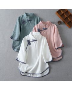 Buddha Stones Summer Tang Style Minimalist Mandarin Collar Frog Button Solid Women's Short Sleeve Shirts - White / US12, UK/AU16, EU44 (3XL)