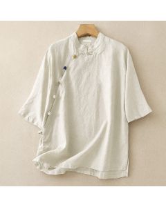 Buddha Stones Summer Tang Style Minimalist Mandarin Collar Solid Women's Short Sleeve Shirts - Linen / US4, UK/AU8, EU36 (L)