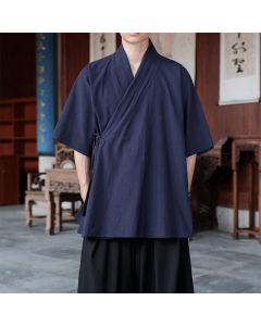 Buddha Stones Summer Tang Style Minimalist Side Slit V-Neck Solid Men's Short Sleeve Shirts With Pocket - Navy / US/UK/AU36, EU46 (L)