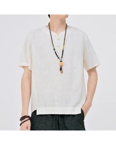 Buddha Stones Summer Tang Style Minimalist Two Frog Button Crew Neck Solid Men's Short Sleeve Shirts - White / US/UK/AU36, EU46 (L)
