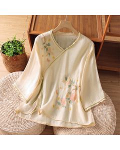 Buddha Stones Summer Tang Style Vintage Embroidery Floral Leaves Women's Elbow-Length Sleeve Shirts - Beige / US4, UK/AU8, EU36 (L)
