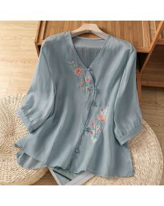 Buddha Stones Summer Tang Style Vintage Embroidery Floral Women's Elbow-Length Sleeve Shirts - PowderBlue / US4, UK/AU8, EU36 (L)