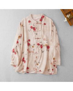 Buddha Stones Summer Tang Style Vintage Frog Button Pomegranate Print Women's Long Sleeve Shirts - Beige / US8-10, UK/AU12-14, EU40-42 (L)