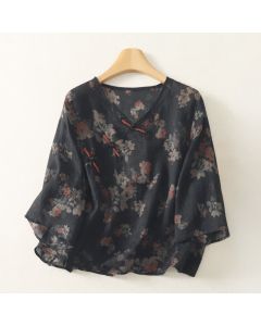 Buddha Stones Summer Tang Style Vintage Frog Button V-Neck Floral Women's Elbow-Length Sleeve Shirts - Black / US4, UK/AU8, EU36 (L)