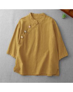 Buddha Stones Summer Tang Style Vintage Mandarin Collar Frog Button Solid Women's Elbow-Length Sleeve Shirts - Goldenrod / US4, UK/AU8, EU36 (L)