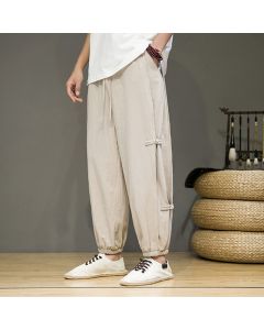 Buddha Stones Summer Vintage Drawstring Chinese Frog-Button Design Men's Cotton Linen Harem Pants With Pockets - Silver / US/UK/AU46，EU56 (5XL)