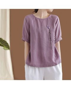 Buddha Stones Summer Vintage Embroidered Flower Pattern Women's Crew Neck Design T-Shirt - White / US8-10，UK/AU12-14，EU40-42 (2XL)
