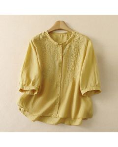 Buddha Stones Summer Vintage Embroidery Floral Women's Elbow-Length Sleeve Shirts - Khaki / US6,UK/AU10,EU38 (XL)