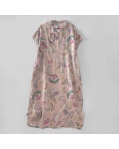 Buddha Stones Summer Vintage Paisley Floral Mandarin Collar Women's Short Sleeve Dresses With Pockets - PaleGreen / Lightweight fabric