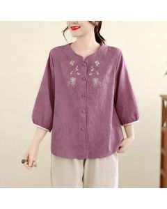 Buddha Stones Summer Vintage Tang Style Embroidery Floral Women's Three-Quarter Sleeve Shirts - PaleVioletRed / US12, UK/AU16, EU44 (3XL)