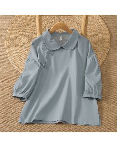 Buddha Stones Summer Vintage Tang Style Frog Button Embroidery Flower Solid Women's Elbow-Length Sleeve Shirts - LightSteelBlue / US4, UK/AU8, EU36 (L)