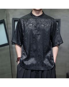 Buddha Stones Summer Vintage Tang Style Mandarin Collar Dragon Clouds Pattern Men's Short Sleeve Shirts - Black / US/UK/AU36, EU46 (L)