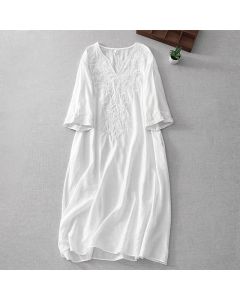 Buddha Stones Summer White Pure Color Embroidery Leaf Flower V-Neck Short Sleeve Midi Dress With Pockets - White / US8-10，UK/AU12-14，EU40-42 (2XL)
