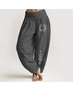 Buddha Stones Sun Moon Stars Pattern Women's Elastic Waist Harem Pure Cotton Pants - OliveDrab / US22,UK/AU26,EU54 (6XL)