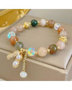 Buddha Stones Sun Stone Colorful Rutilated Quartz Wealth Peanut Charm Bracelet - Sun Stone(Wrist Circumference 14-16cm)