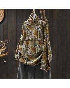 Buddha Stones Sunflower Pattern Mock Neck Long Sleeve Women's Cotton Sweater - Maroon / US4-8/10，UK/AU8-12/14，EU36-40/42 (F)