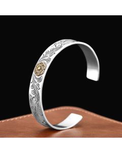 Buddha Stones Tang Dynasty Flower Design Rose Flower Feather Carved Copper Luck Bracelet Bangle - Tang Dynasty Flower Design(Luck♥Vibrant)(Wrist Circumference 15-17cm)