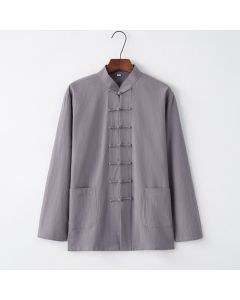 Buddha Stones Tang Frog-Button Long Sleeve Shirt Cotton Men's Clothing - LightSlateGray / US/UK/AU34， EU44 (M)