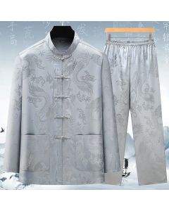Buddha Stones Tang Suit Men Hanfu Chinese Dragon Traditional Clothes Kung Fu Shirt Uniform Long Sleeved Coat Tops and Pants Clothing Men's Set - Gray / US/UK/AU34，EU44 (M)