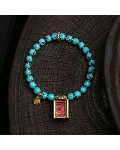 Buddha Stones Thangka Gau Amulet Box Turquoise Fu Character Protection Bracelet - Turquoise(Wrist Circumference:16-17cm)