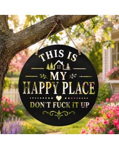 Buddha Stones "This Is My Happy Place" Quote Round Metal Iron Wall Decor - Approx. 20cm x 20cm x 0.1cm / 7.87in x 7.87in x 0.04in