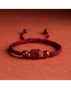 Buddha Stones Tibet Cinnabar Om Mani Padme Hum Engraved Blessing Braided Bracelet - Black Rope(Wrist Circumference 14-18cm)