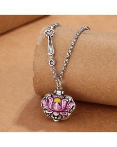 Buddha Stones Tibet Copper Lotus Luck New Begining Necklace Pendant - Pink Lotus Necklace(Necklace Length: 60cm)