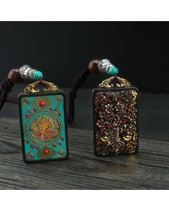 Buddha Stones Tibet God Of Wealth Money Tree Golden Phoenix Thangka Ebony Peace Necklace Pendant - Golden Phoenix