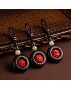 Buddha Stones Tibet Om Mani Padme Hum PiXiu Copper Coin Small Leaf Red Sandalwood Cinnabar Protection Key Chain - Copper Coin