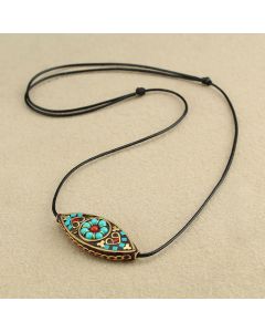 Buddha Stones Tibet Turquoise Bead Marquise Pattern Protection Strength Necklace Pendant - Turquoise(Purification♥Protection)