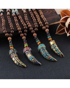Buddha Stones Tibet Wenge Wood Om Mani Padme Hum OM Symbol Mantra Horn Pattern Protection Necklace Pendant - Wenge Wood&Golden Horn