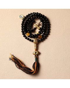Buddha Stones Tibetan 108 Mala Beads Black Onyx Tiger Eye Beads Nine Palaces Bagua Protection Bracelet - Black Onyx&Copper / 8mm