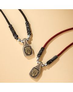 Buddha Stones Tibetan 925 Sterling Silver Zakiram Goddess of Wealth Protection Rope Necklace Pendant - Black Rope