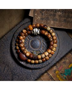 Buddha Stones Tibetan Bodhi Seed Amber Dzi Bead Agate Zakiram Goddess of Wealth Beads Triple Wrap Bracelet - 19-20cm
