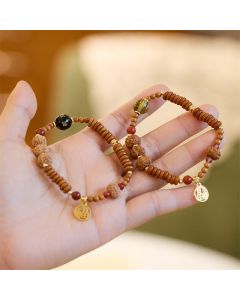 Buddha Stones Tibetan Bodhi Seed Black Onyx Smoky Quartz Om Mani Padme Hum Fu Character Wealth Bracelet - Bodhi Seed Olive Pit Smoky Quartz(Wrist Circumference 14-16cm)