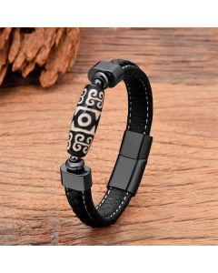 Buddha Stones Tibetan Dzi Bead Protection Blessings Leather Bracelet - Beige Dzi Bead / 18-22cm