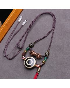 Buddha Stones Tibetan Dzi Bead Vajra Three-Eye Dzi Bead Braided Rope Protection Necklace - Approx. 24 × 10 mm