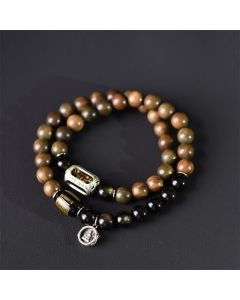 Buddha Stones Tibetan Green Sandalwood Gold Sheen Obsidian Balance Peace Double Wrap Bracelet - 18-19cm